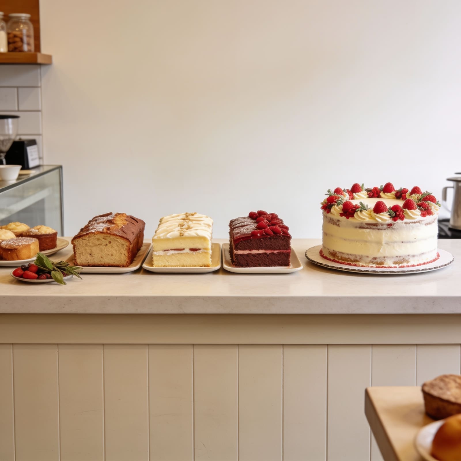Hausgemachte Kuchen und Torten auf einer Café-Theke